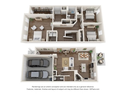 a stylized 3d floor plan of a bedroom and a living room